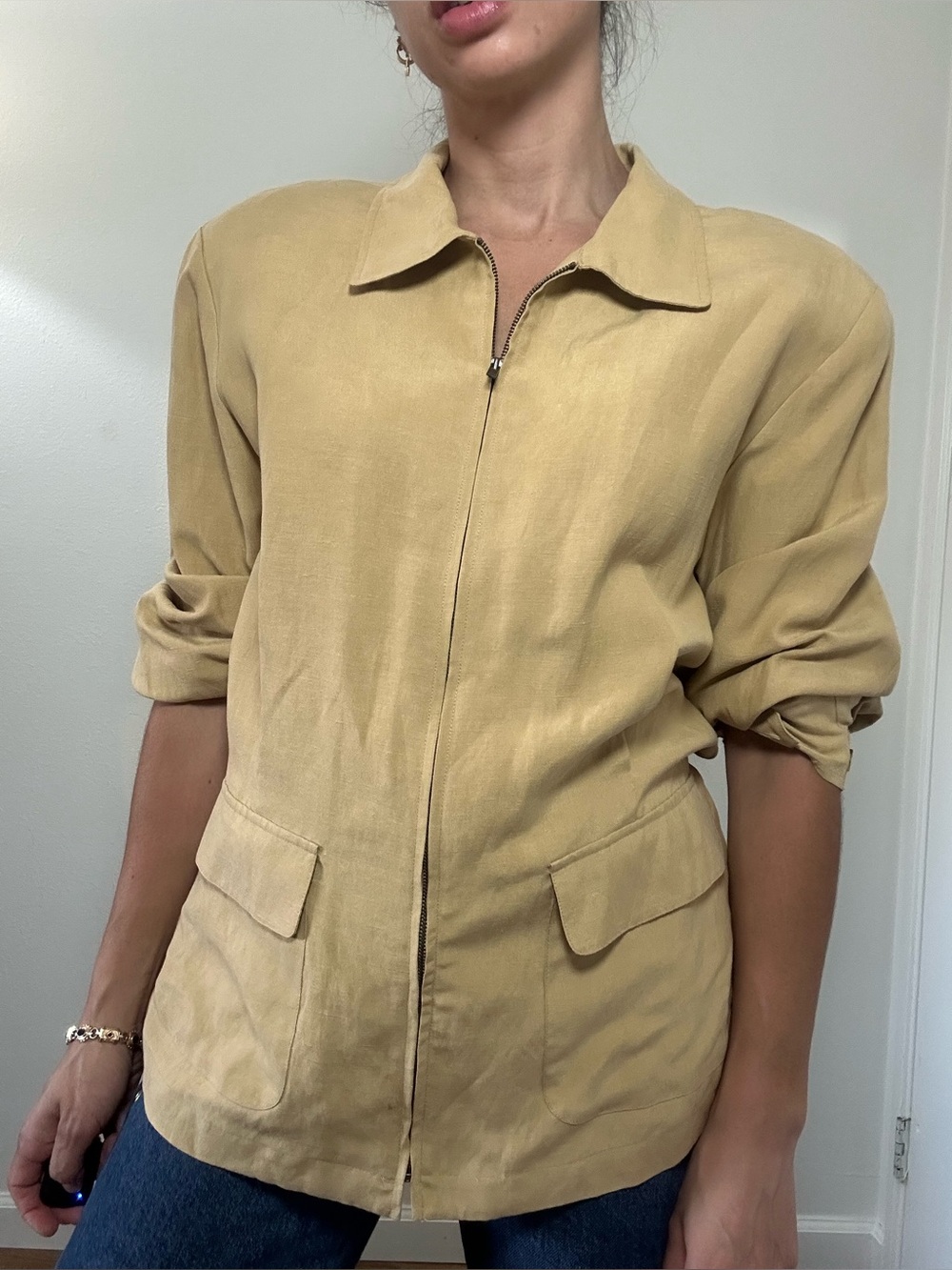 Jones & CO vintage Tan Beige Silk Linen Blend Lightweight Jacket Zip Front L
